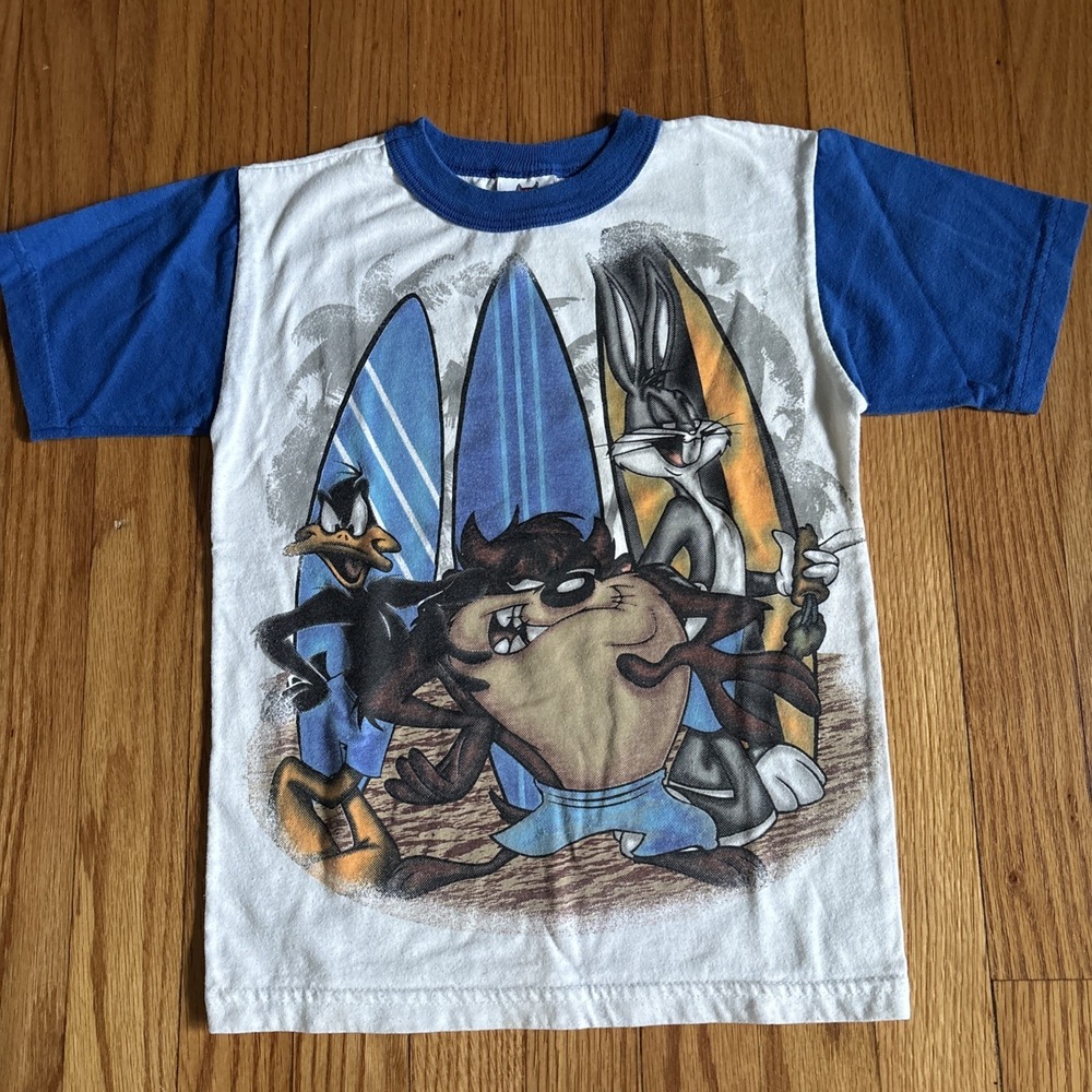 Vintage 1999 Warner Bros Looney Tunes Taz Bugs Daffy Youth L Surfing Shirt USA